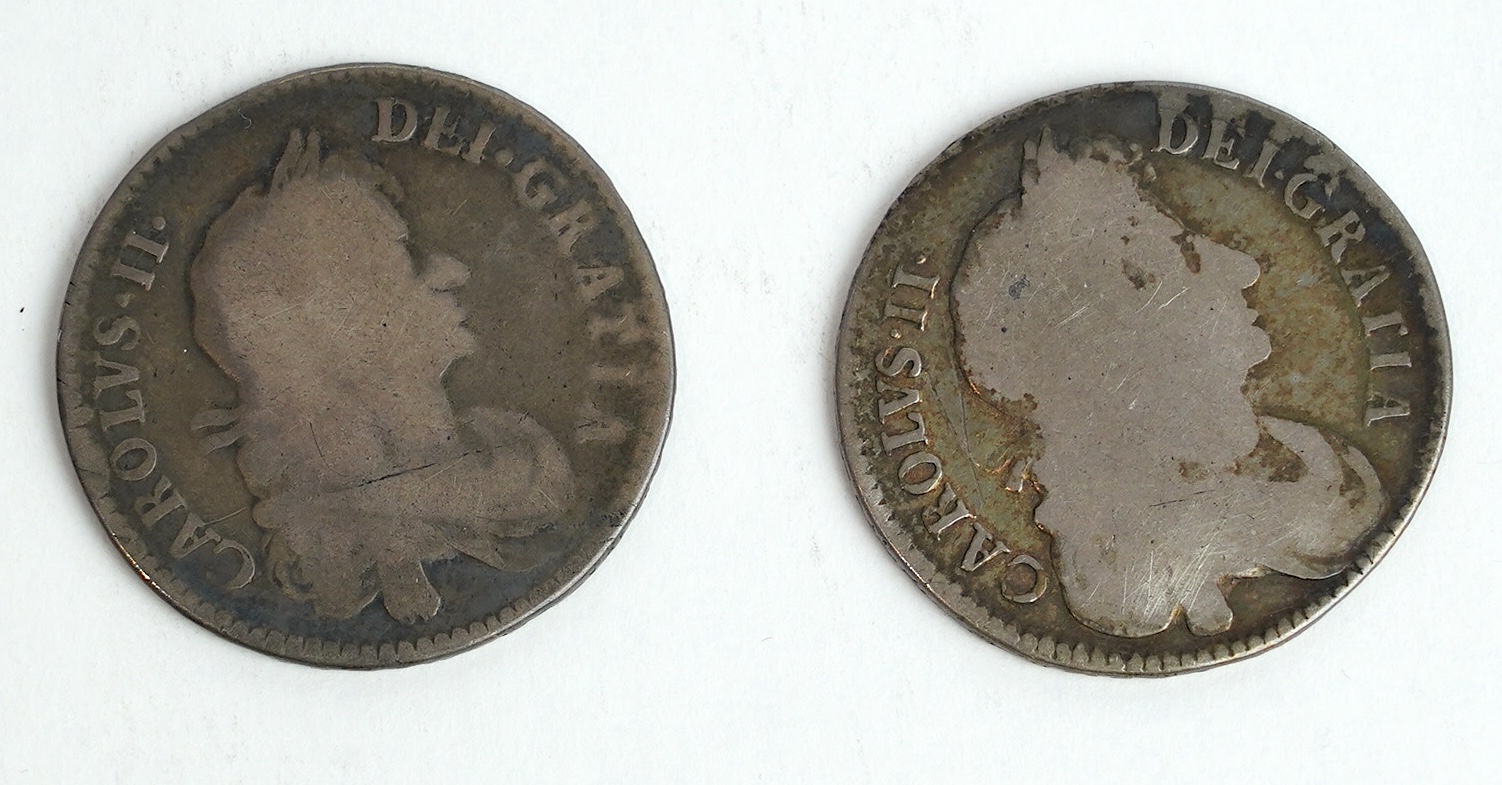 British silver coins, Charles II (1660-1685), two halfcrowns, 1672 (S3366) VG, and 1676 (S3367), VG or better (2)